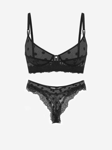 Полупрозрачный комплект белья Victoria's Secret лиф и трусики тонг  1159859180 (Черный 34C/M)