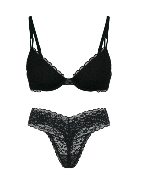 Кружевной комплект белья Victoria's Secret бюст и трусики тонг 1159859933 (Черный 34D/M)