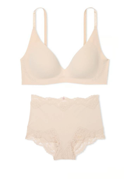 Комплект белья Victoria's Secret бюст Push-up и трусики шортики с кружевом 1159860041 (Бежевый M)