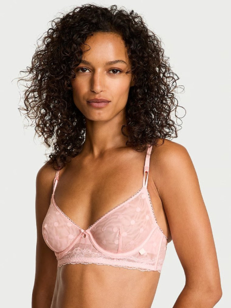 Полупрозрачный комплект белья Victoria's Secret лиф и трусики тонг 1159860995 (Розовый 38D/XL)