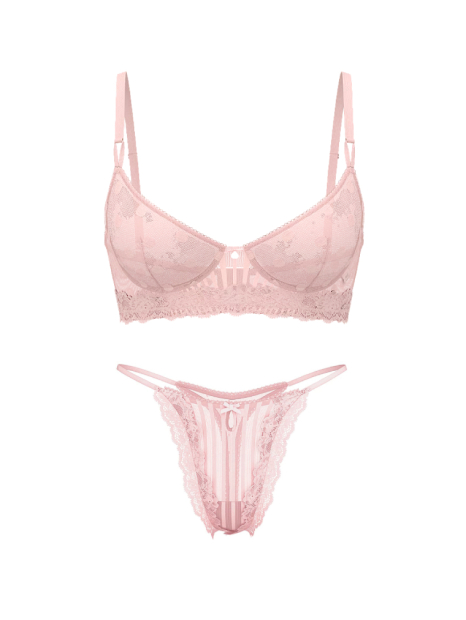 Полупрозрачный комплект белья Victoria's Secret лиф и трусики тонг 1159860995 (Розовый 38D/XL)