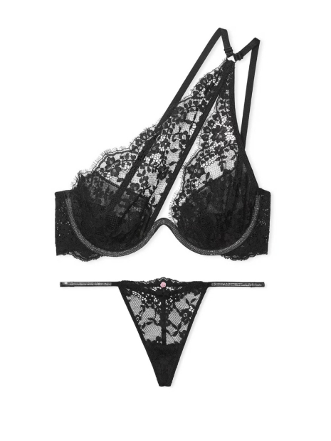 Кружевной комплект Victoria's Secret бюстгальтер на одно плечо и трусики стринги 1159861100 (Черный S)