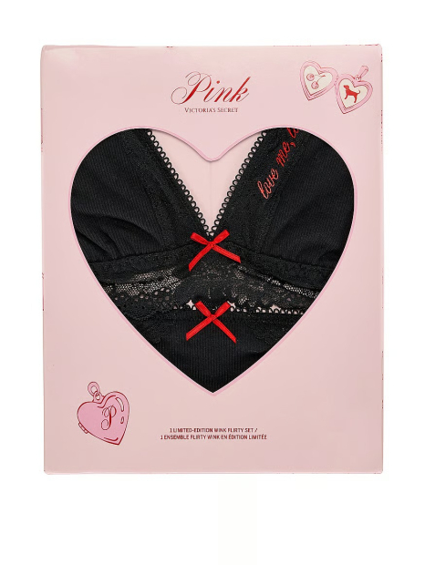Подарочный комплект белья Victoria's Secret Pink бралетт и трусики стринги 1159862859 (Черный S)