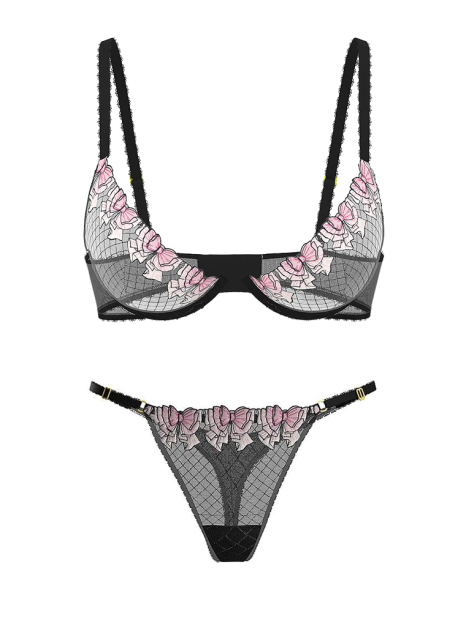 Полупрозрачный комплект белья с вышивкой Victoria's Secret бюстгальтер и трусики тонг 1159863709 (Черный 34C/M)