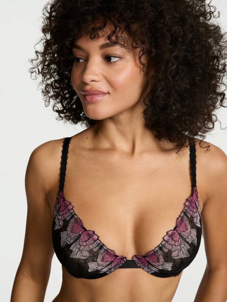 Полупрозрачный комплект белья с вышивкой Victoria's Secret бюстгальтер и трусики тонг 1159863709 (Черный 34C/M)