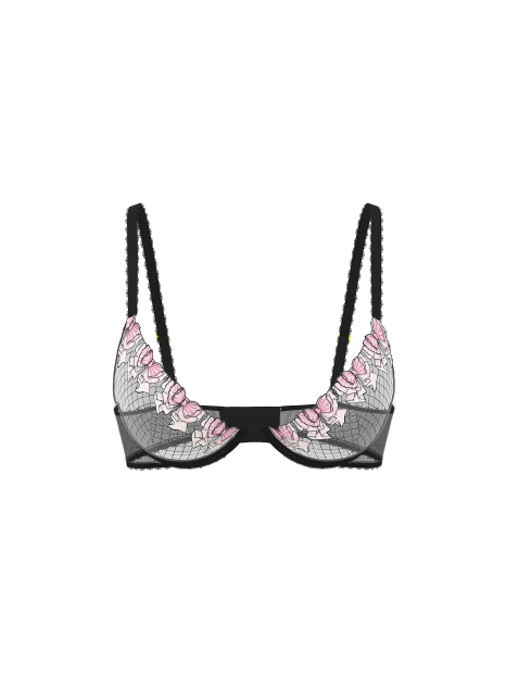 Полупрозрачный комплект белья с вышивкой Victoria's Secret бюстгальтер и трусики тонг 1159863708 (Черный 36B/M)
