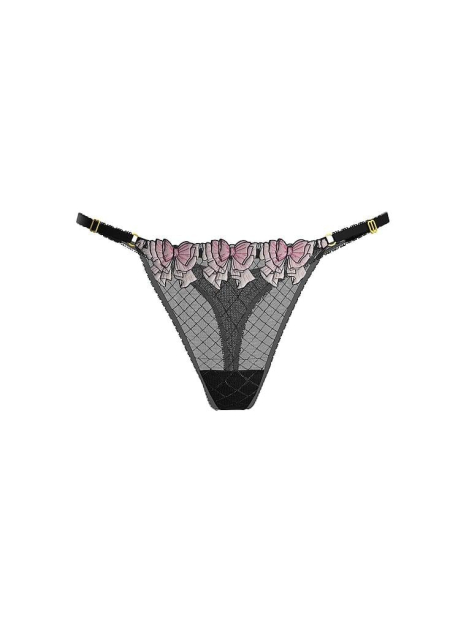 Полупрозрачный комплект белья с вышивкой Victoria's Secret бюстгальтер и трусики тонг 1159863708 (Черный 36B/M)