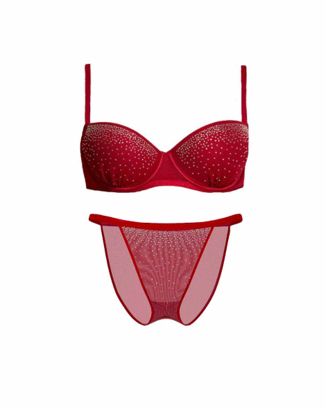 Комплект белья со стразами Victoria's Secret Pink бюстгальтер и трусики бикини 1161050426 (Красный 34A/S)