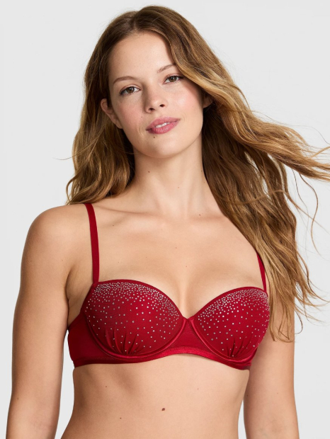 Комплект белья со стразами Victoria's Secret Pink бюстгальтер и трусики бикини 1161050426 (Красный 34A/S)