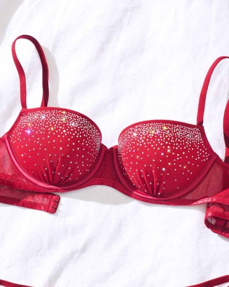 Комплект білизни зі стразами Victoria's Secret Pink бюстгальтер та трусики бікіні 1161257611 (Червоний 36A/M)