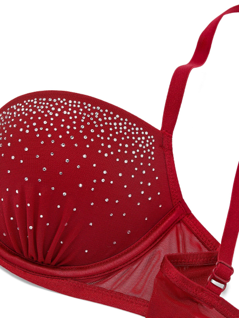 Комплект белья со стразами Victoria's Secret Pink бюстгальтер Push-up и трусики бикини 1161091578 (Красный 34C/M)