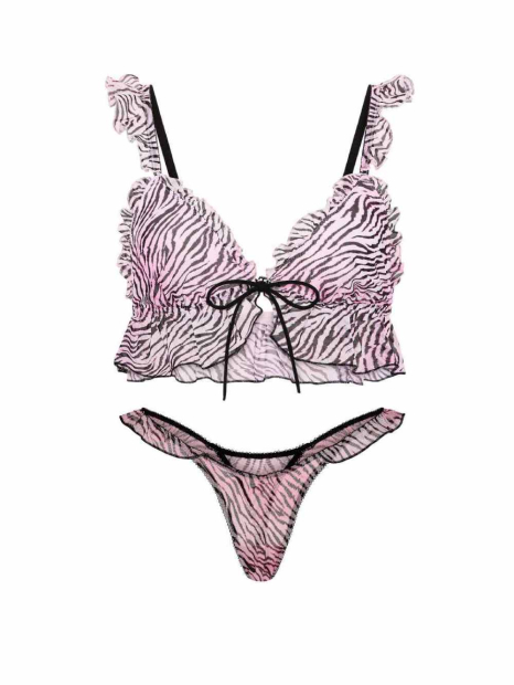Комплект білизни з принтом Victoria's Secret Pink бралетт триангл та трусики тонг 1161104240 (Чорний/Рожевий XS)