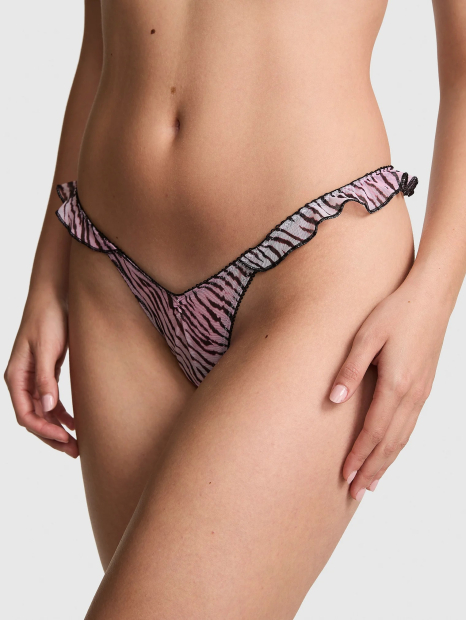 Комплект білизни з принтом Victoria's Secret Pink бралетт триангл та трусики тонг 1161104240 (Чорний/Рожевий XS)