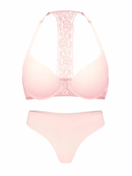 Гладкий комплект білизни Victoria's Secret ліф Push-Up з мереживом та трусики тонг 1161227960 (Рожевий 34A/S)