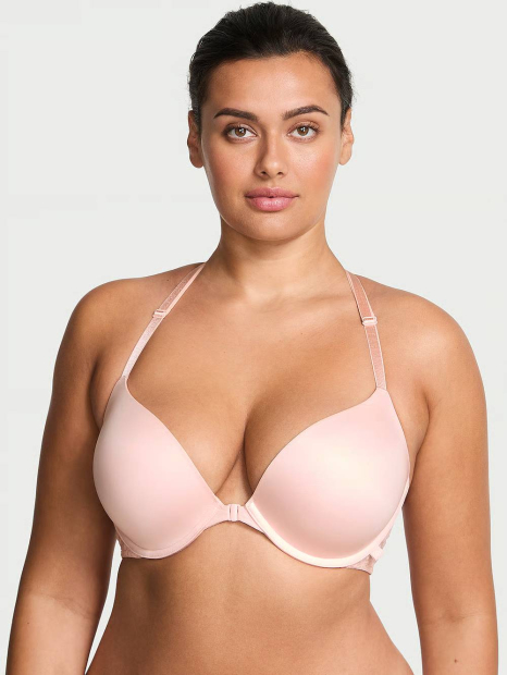 Гладкий комплект білизни Victoria's Secret ліф Push-Up з мереживом та трусики тонг 1161227960 (Рожевий 34A/S)