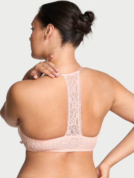 Гладкий комплект білизни Victoria's Secret ліф Push-Up з мереживом та трусики тонг 1161228884 (Рожевий 36B/M)