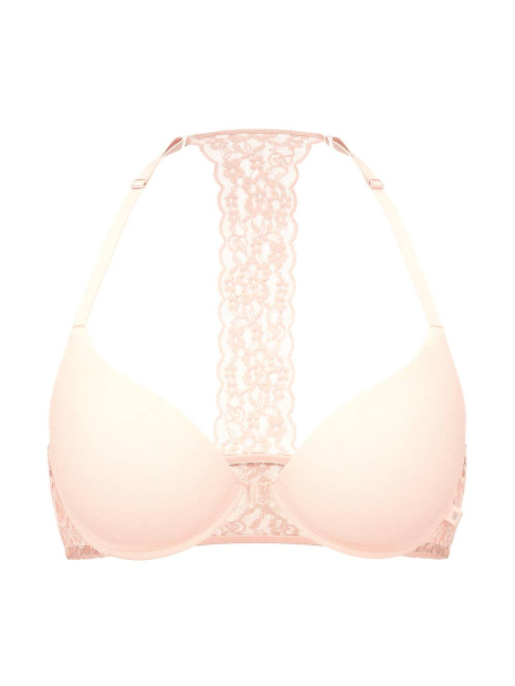 Гладкий комплект білизни Victoria's Secret ліф Push-Up з мереживом та трусики тонг 1161228884 (Рожевий 36B/M)