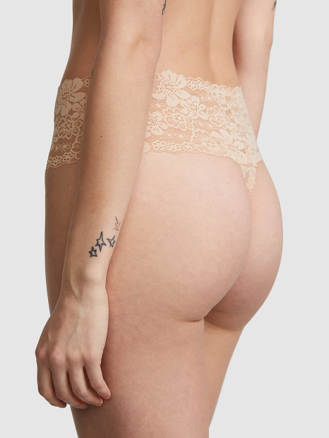 Комплект білизни Victoria's Secret PINK ліф Push-up та мереживні трусики тонг 1161235098 (Бежевий 32C/S)