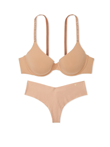 Комплект білизни Victoria's Secret бюст та бавовняні трусики тонг 1161521807 (Бежевий 36B/M)