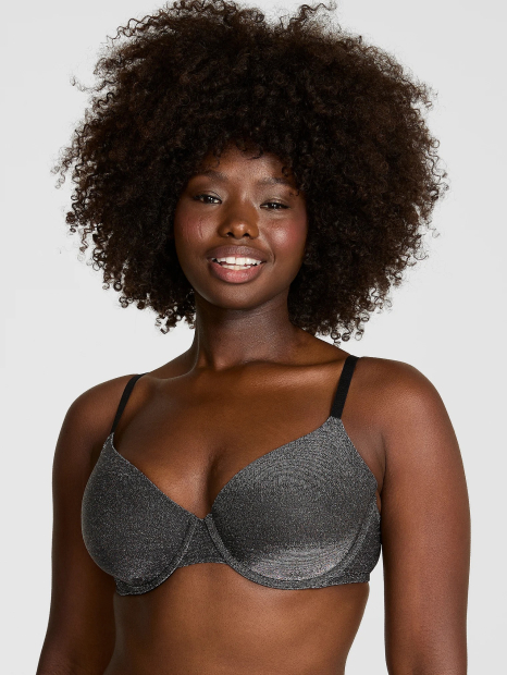 Комплект білизни з блиском Victoria's Secret Pink бюстгальтер та трусики тонг 1161432054 (Чорний 32B/XS)