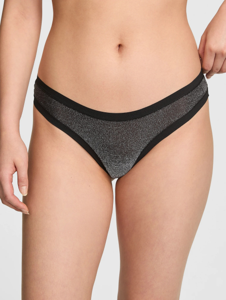 Комплект білизни з блиском Victoria's Secret Pink бюстгальтер та трусики тонг 1161432054 (Чорний 32B/XS)