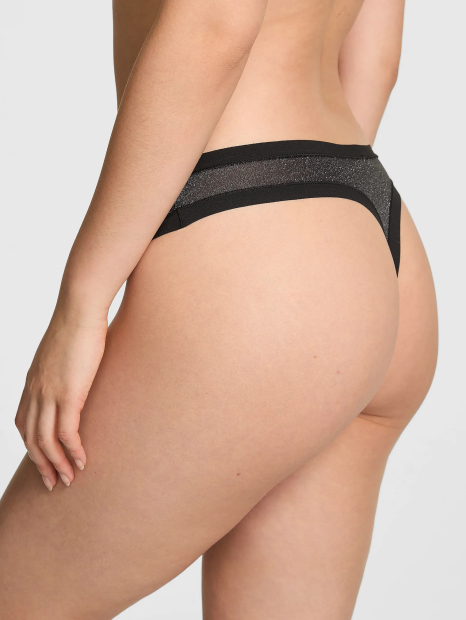 Комплект білизни з блиском Victoria's Secret Pink бюстгальтер та трусики тонг 1161432054 (Чорний 32B/XS)