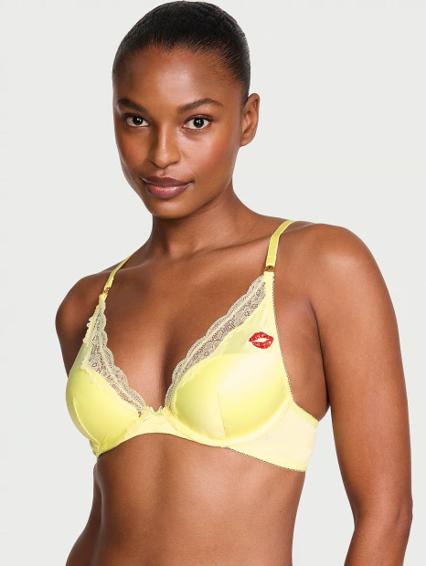 Гладкий комплект белья с кружевом и вышивкой Victoria's Secret бюст и трусики чики 1161964000 (Желтый 34C/M)