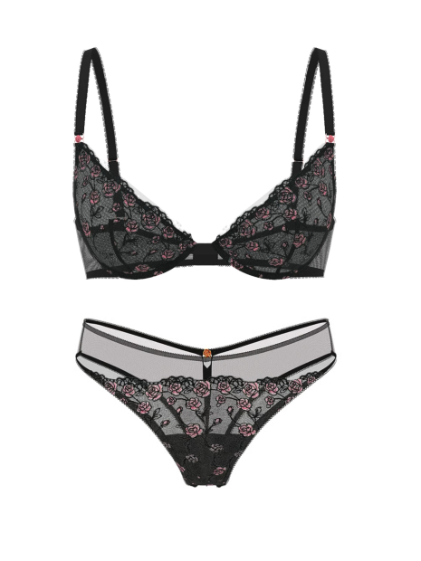 Комплект белья с вышивкой Victoria's Secret бюст и трусики чики 1162175677 (Черный 32C/XS)