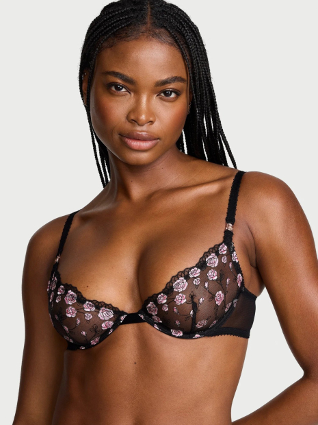 Комплект белья с вышивкой Victoria's Secret бюст и трусики чики 1162175677 (Черный 32C/XS)