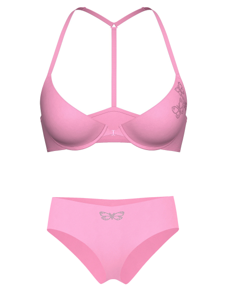 Комплект білизни зі стразами Victoria's Secret Pink бюст Push-up та безшовні трусики чики 1162584751 (Рожевий 38D/XL)