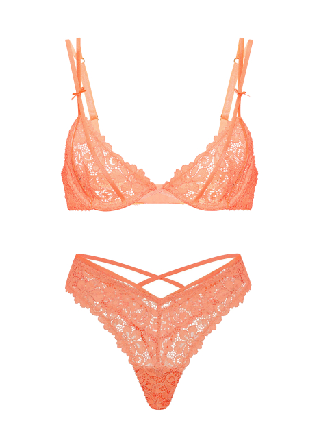 Мереживний комплект білизни Victoria's Secret бюстгальтер та трусики тонг 1163084690 (Помаранчевий 34B/M)