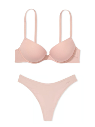Эффектный комплект белья Victoria's Secret Pink бюст Super Push-Up и трусики тонг 1159838798 (Бежевый 34C/M)