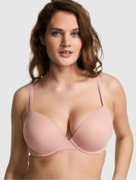 Эффектный комплект белья Victoria's Secret Pink бюст Super Push-Up и трусики тонг 1159838798 (Бежевый 34C/M)