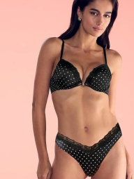 Женский комплект белья Victoria's Secret бюст Push-Up и трусики тонг 1159839215 (Черный 38B/XL)