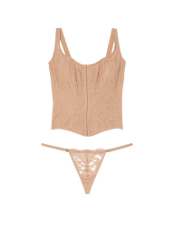 Кружевной комплект белья Victoria's Secret корсет и трусики стринги 1159839276 (Бежевый XL)