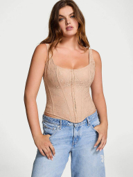Кружевной комплект белья Victoria's Secret корсет и трусики стринги 1159839276 (Бежевый XL)