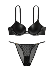 Шикарный комплект белья из экокожи Victoria's Secret бюст Push-up и трусики бикини 1159839335 (Черный 34A/XS)