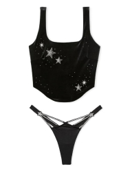 Комплект білизни Victoria's Secret оксамитовий корсетний топ та трусики тонг зі стразами 1159839353 (Чорний S)