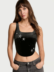 Комплект білизни Victoria's Secret оксамитовий корсетний топ та трусики тонг зі стразами 1159839353 (Чорний S)