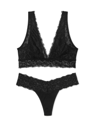 Кружевной комплект белья Victoria's Secret лиф с пайетками и трусики тонг 1159839644 (Черный S)