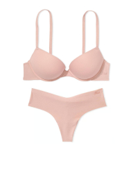 Эффектный комплект белья Victoria's Secret Pink бюст Super Push-Up и трусики тонг 1159839743 (Бежевый 34B/S)