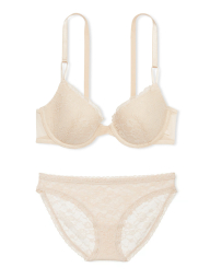 Кружевной комплект белья Victoria's Secret лиф и трусики бикини 1159839870 (Бежевый 34DD/S)