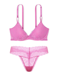 Кружевной комплект белья Victoria's Secret бюстгальтер Push-up и трусики тонг 1159840052 (Розовый 34B/S)