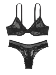 Комплект белья с кружевной отделкой Victoria's Secret лиф и трусики тонг 1159840072 (Черный 32A/XS)