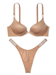 Гладкий комплект белья Victoria's Secret бюст Push-Up и трусики тонг со стразами 1159840075 (Бежевый 32B/S)