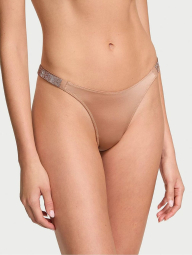 Гладкий комплект белья Victoria's Secret бюст Push-Up и трусики тонг со стразами 1159840075 (Бежевый 32B/S)