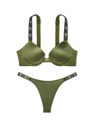 Комплект белья со стразами Victoria's Secret лиф Push-up и трусики тонг 1159840122 (Зеленый 36D/L)