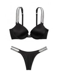 Комплект білизни зі стразами Victoria's Secret ліф Push-up та трусики тонг 1159840127 (Чорний 32C/S)