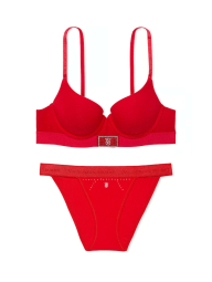 Комплект белья с логотипом из страз Victoria's Secret лиф Push-up и трусики танга 1159840233 (Красный 34A/XS)