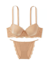 Женский гладкий комплект Victoria's Secret лиф и трусики стринг бикини 1159840245 (Бежевый 40C/XL)